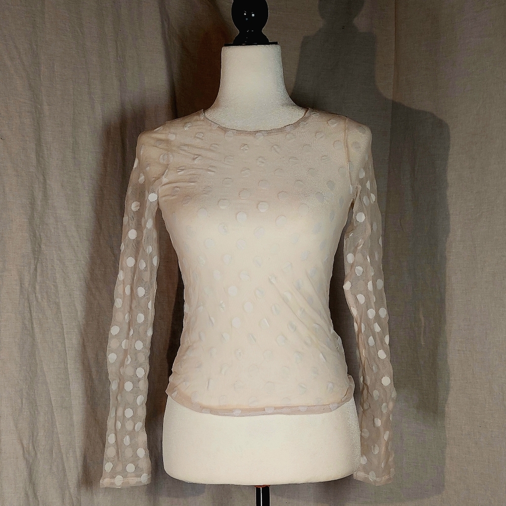 Zara cream polka dot mesh long-sleeved top, M, NWOT